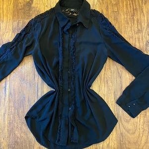 Black lace sheer button down long sleeve dress shirt